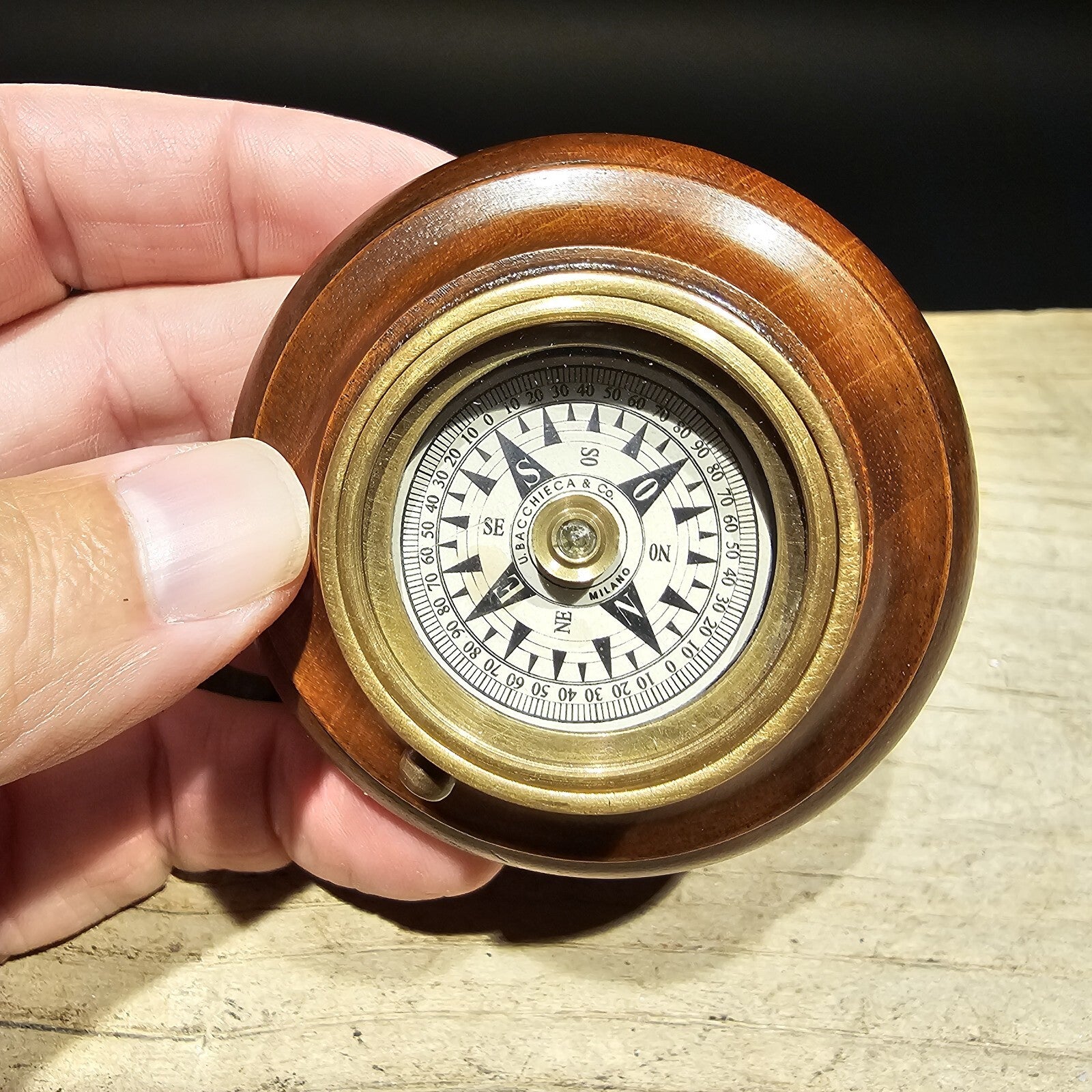 Antique Style Turned Mahagony Wood and Brass Compass