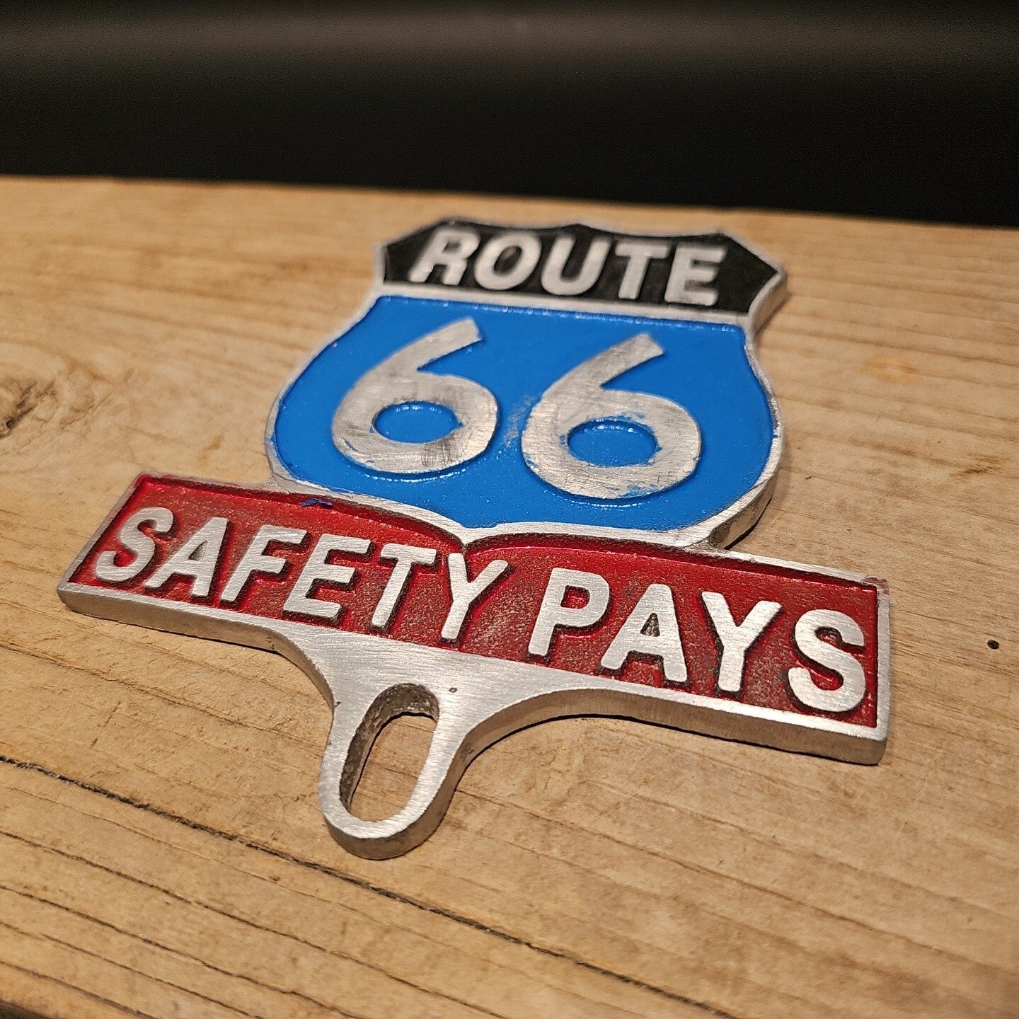 Antique Vintage Style Aluminum Route 66 Safety License Plate Fob Topper