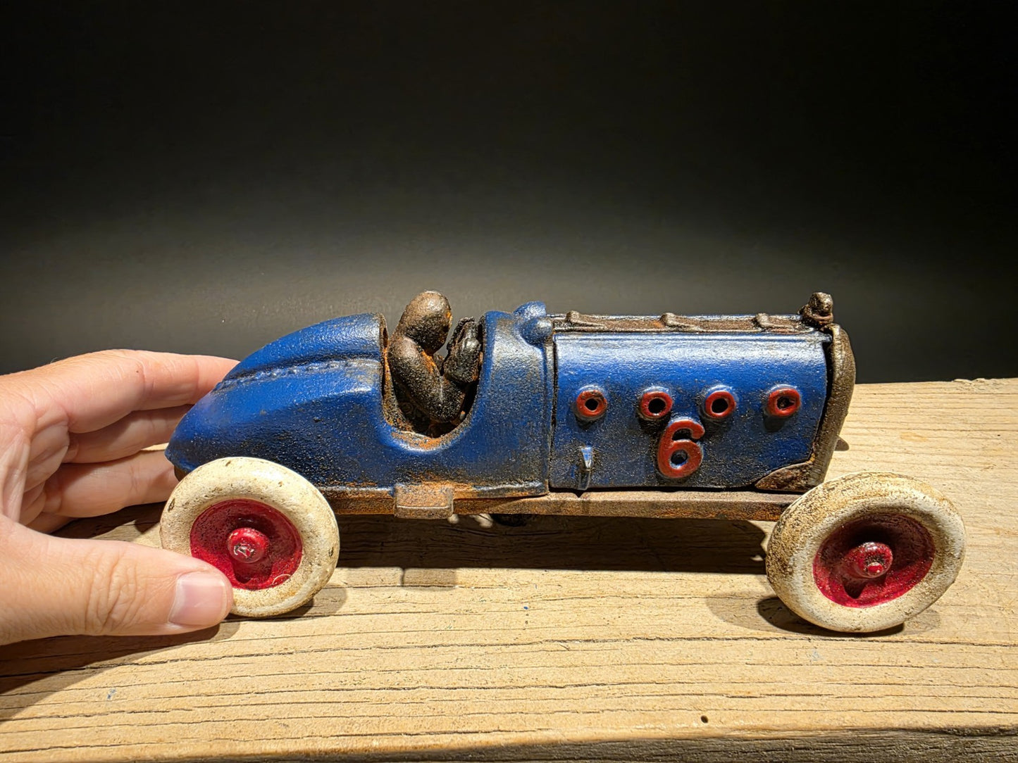 Antique Vintage Style Blue Cast Iron Toy Race Car w Lifting Hood