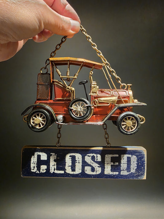 8" Vintage Style Wooden Open / Closed Hanging Sign Classic Car Design