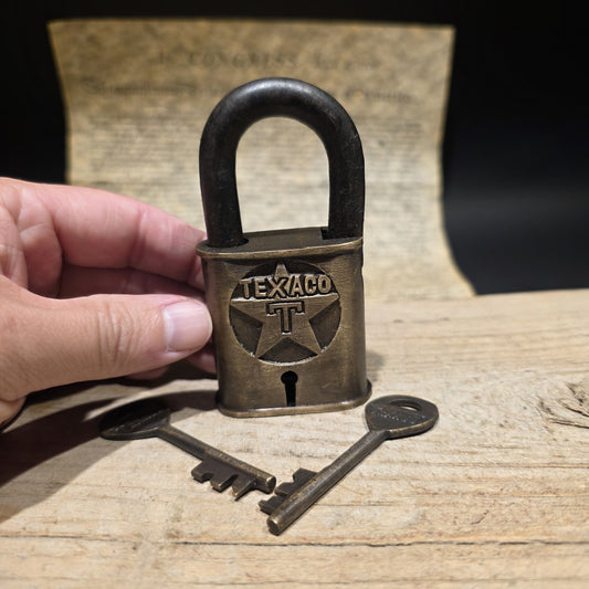 4" Antique Style Brass & Iron Texaco Padlock with Keys Oil Company Lock
