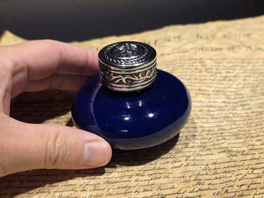 3" Cobalt Blue Ceramic Inkwell Inkpot With Silver Metal Screw Lid