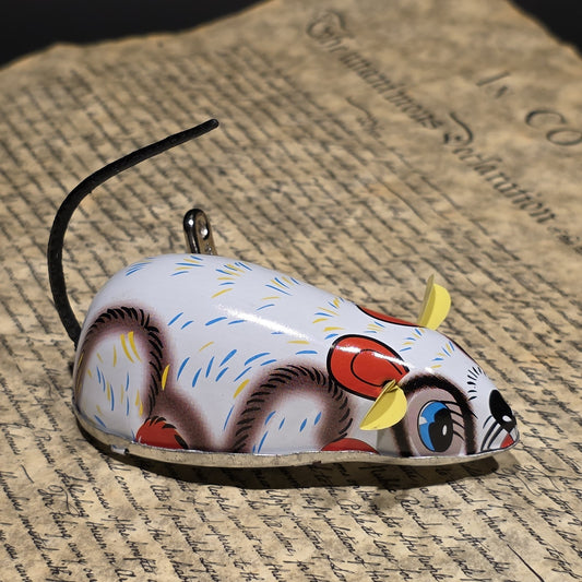 New Vintage Tin Litho Mouse Toy  Wind Up Mechanical Mouse