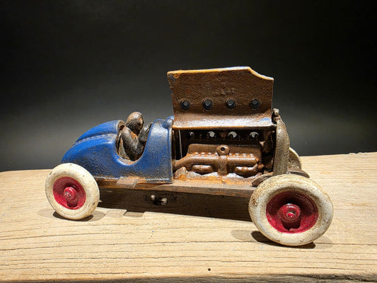 Antique Vintage Style Blue Cast Iron Toy Race Car w Lifting Hood
