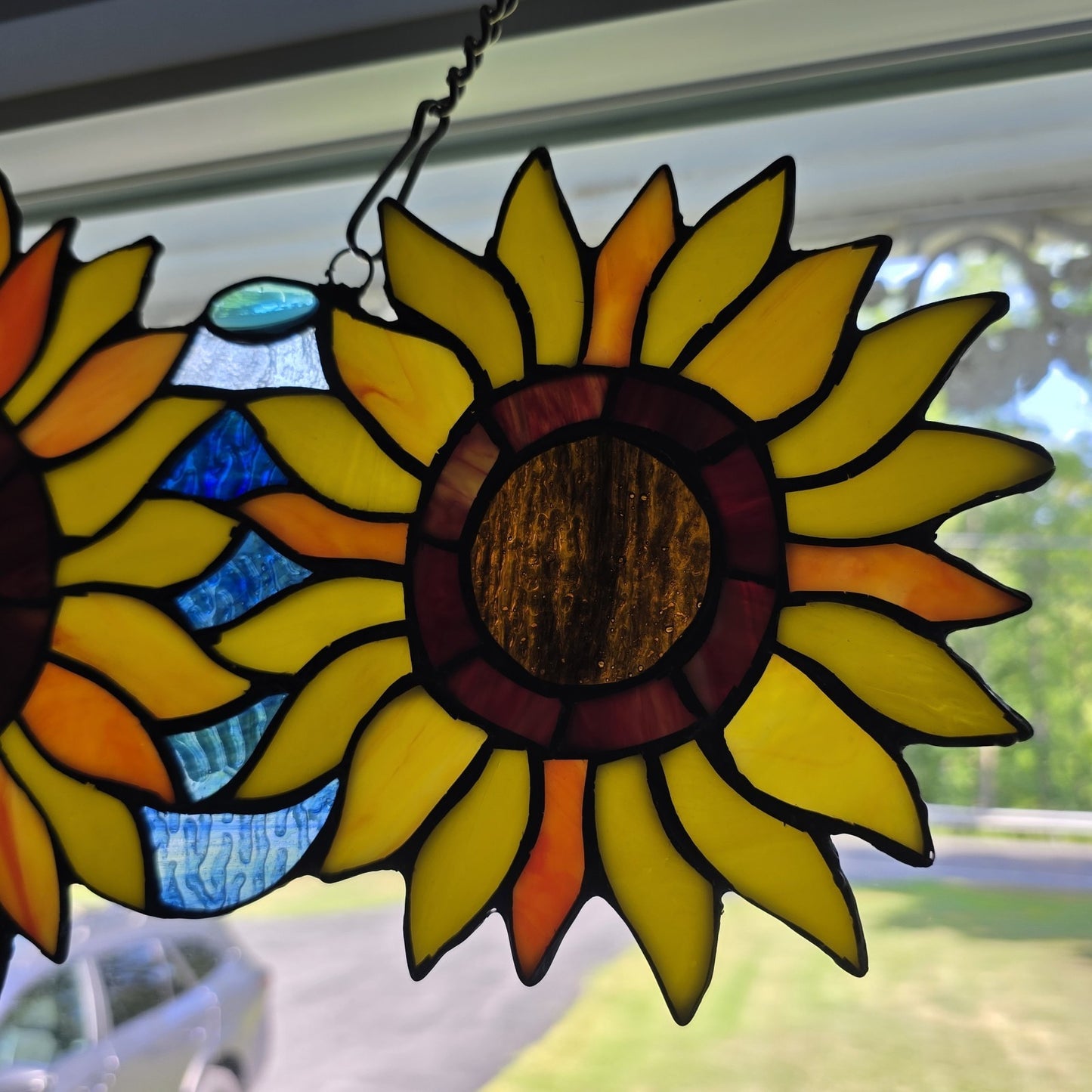 22" Stained Glass Sunflower Window Panel – 3 Flower Suncatcher