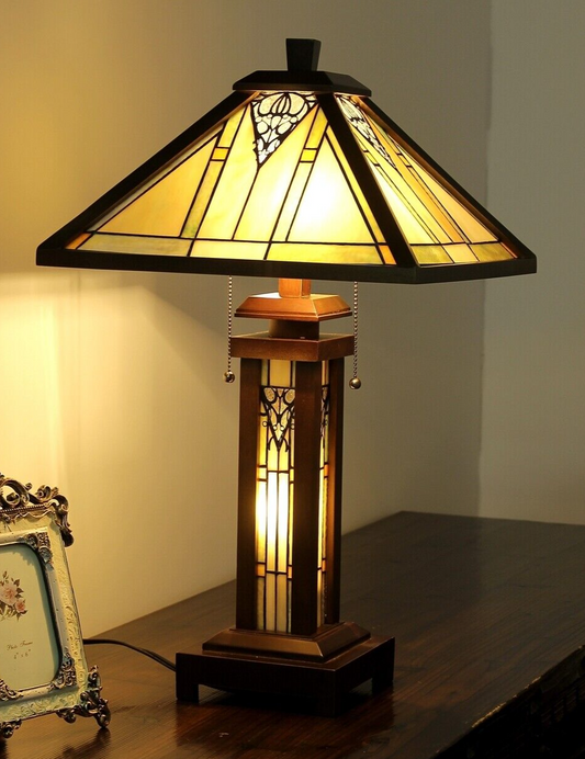 25.6  3 light Stained Glass Wood Mission Table Lamp