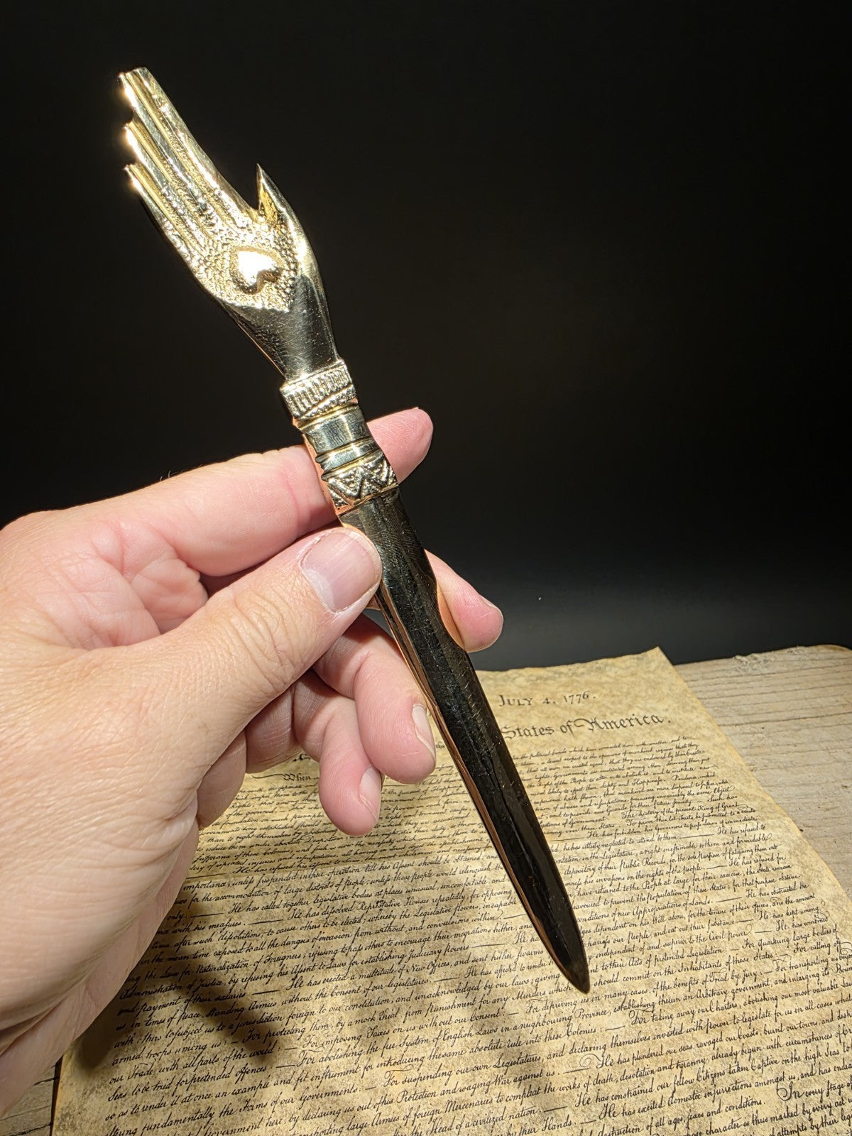 Vintage Style Brass Heart in Hand Friends Love Truth Odd Fellows Letter Opener