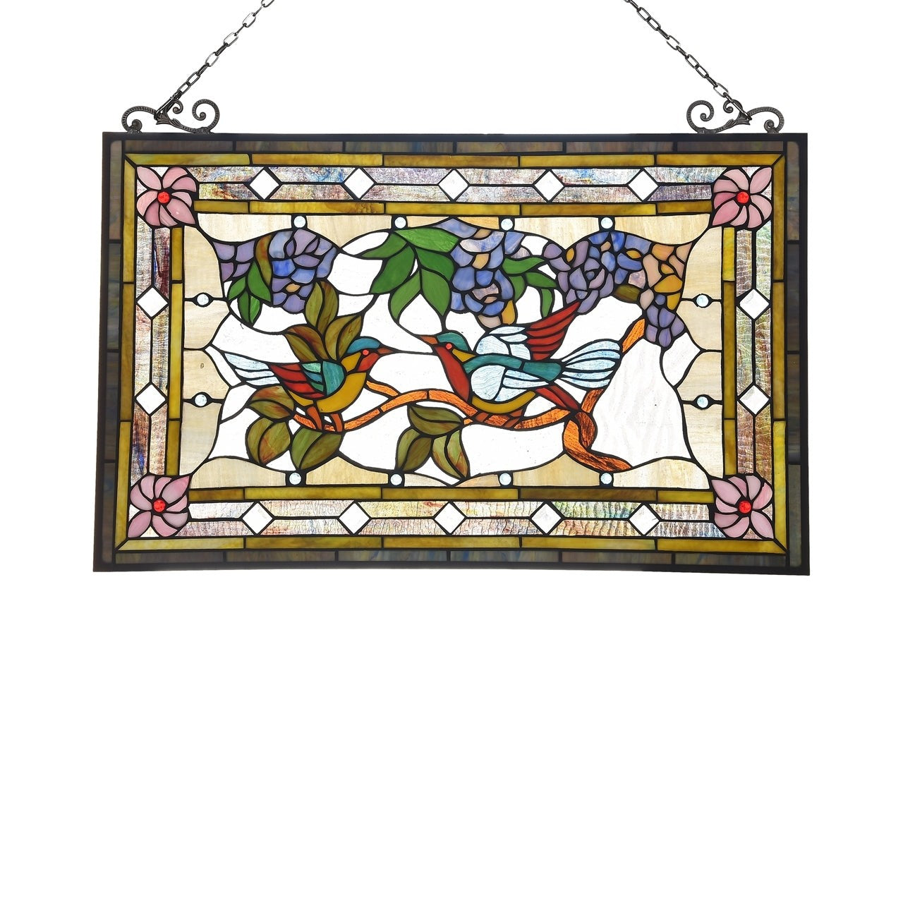 31.9" Tiffany Style Stained Glass Window Panel Birds & Floral Design