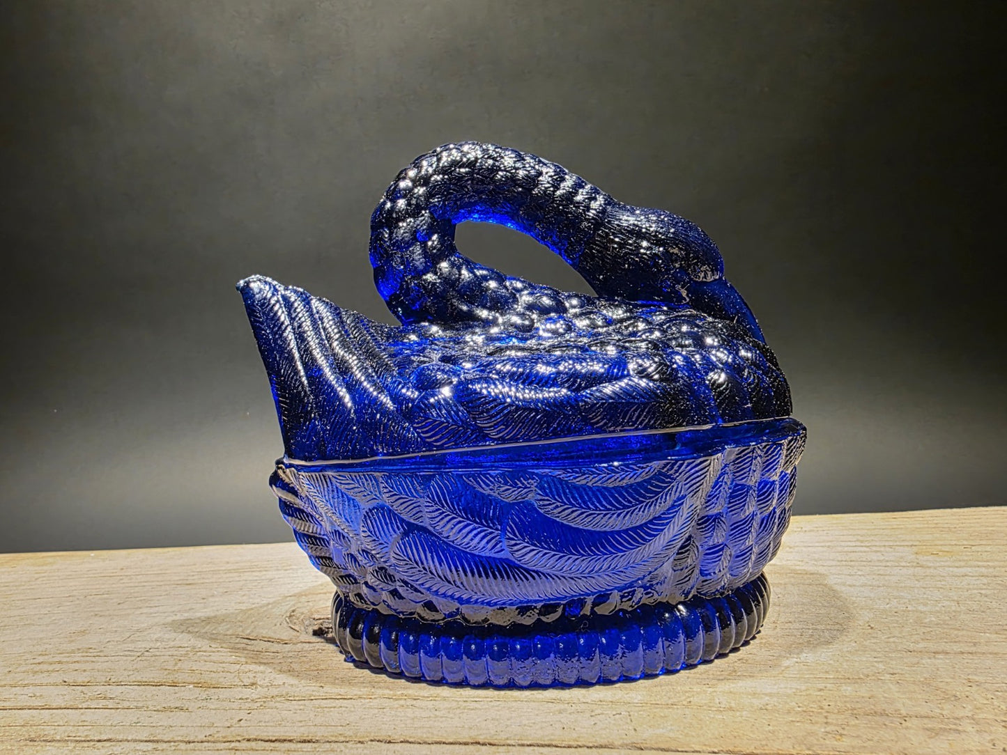Vintage Style Cobalt Blue Depression Glass Swan Candy Dish Box
