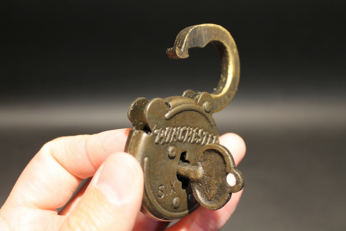 Antique Vintage Style Cast Iron Winchester Firearms Ammo Box Padlock Lock & Key 