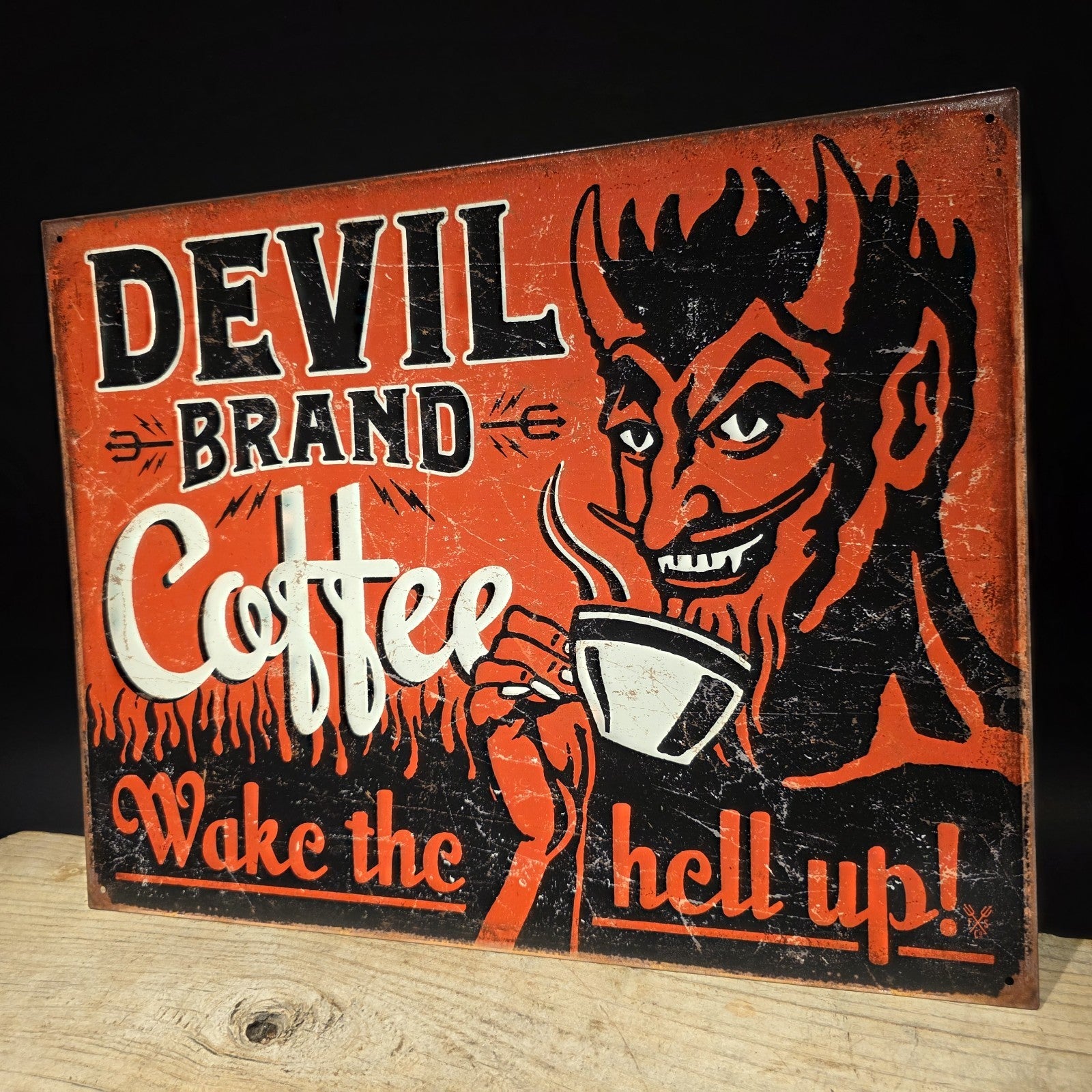 Devil Brand Coffee Tin Sign – Wake the Hell Up 