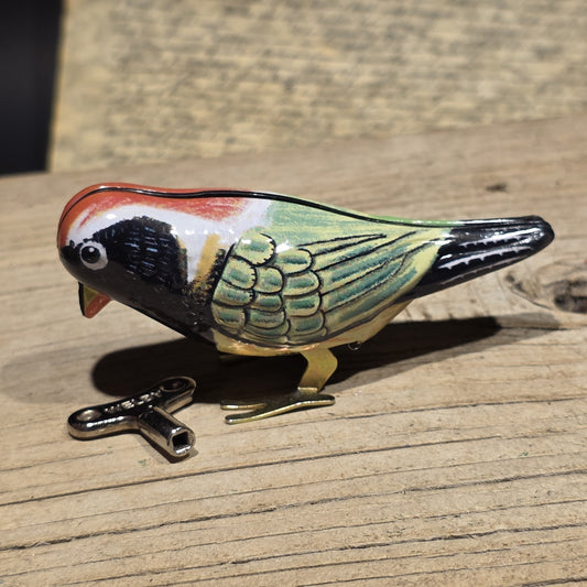 New Vintage Style Tin Litho Pecking Bird Toy Wind-Up Mechanical Songbird