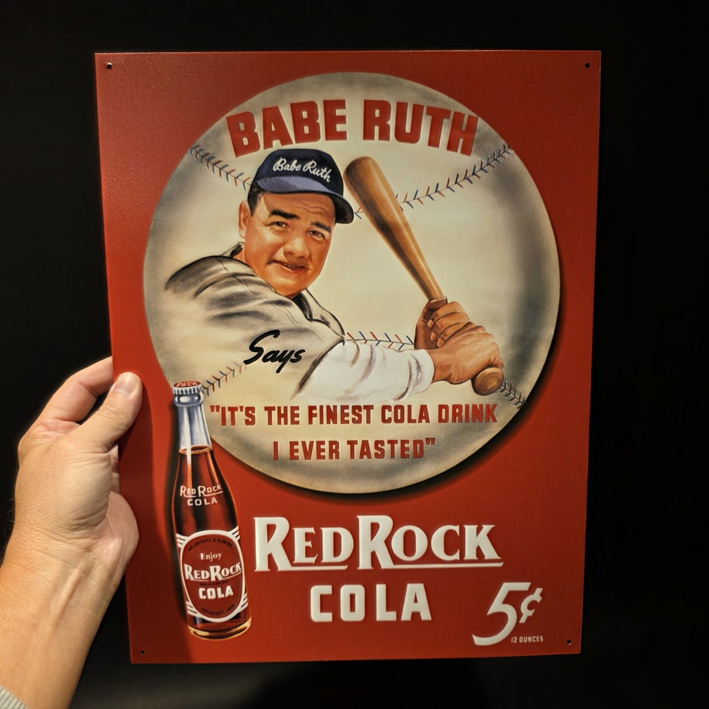 16" Vintage Style Babe Ruth Baseball Red Rock Cola Advertising Sign
