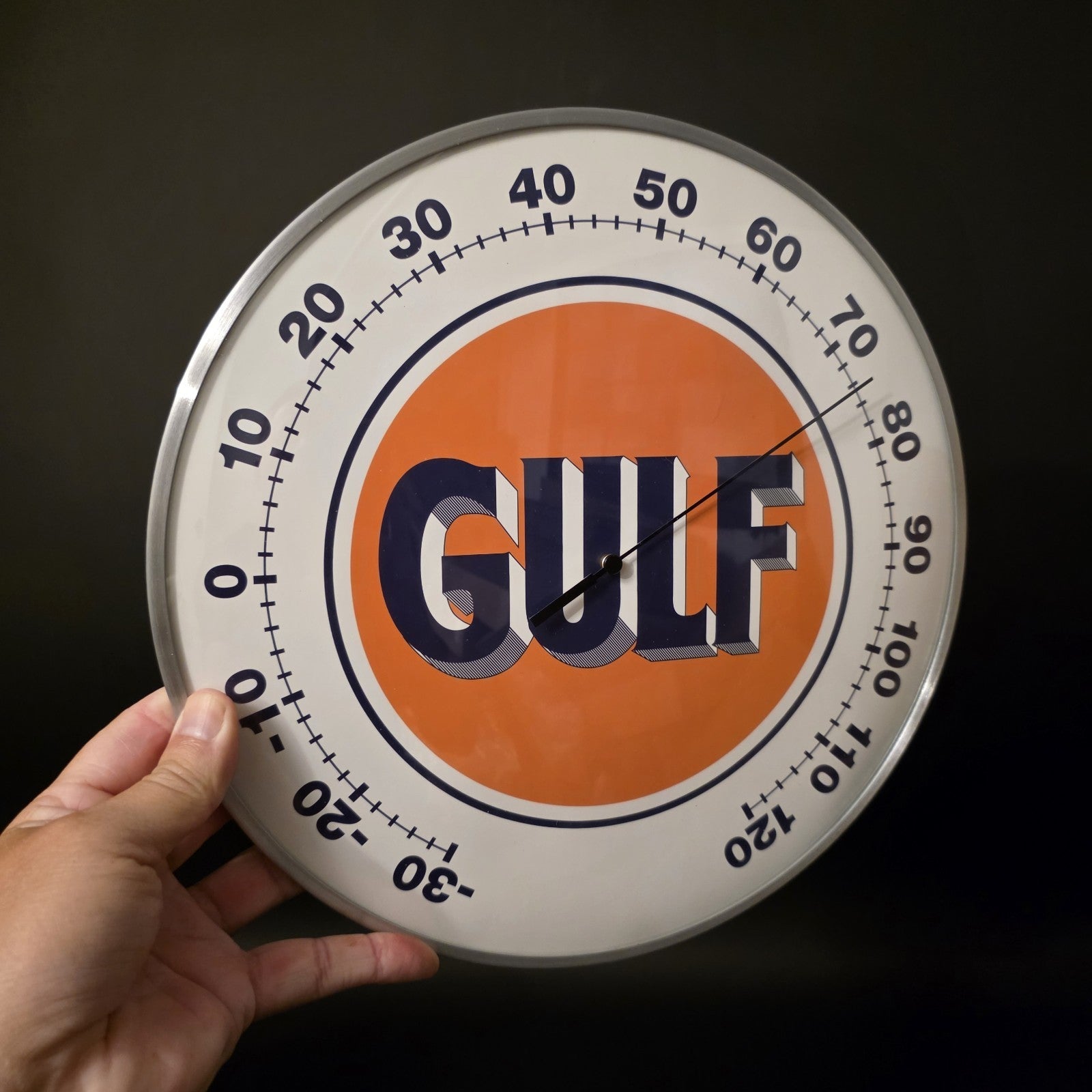 12" Antique Vintage Style Round Gulf Oil Wall Thermometer Sign