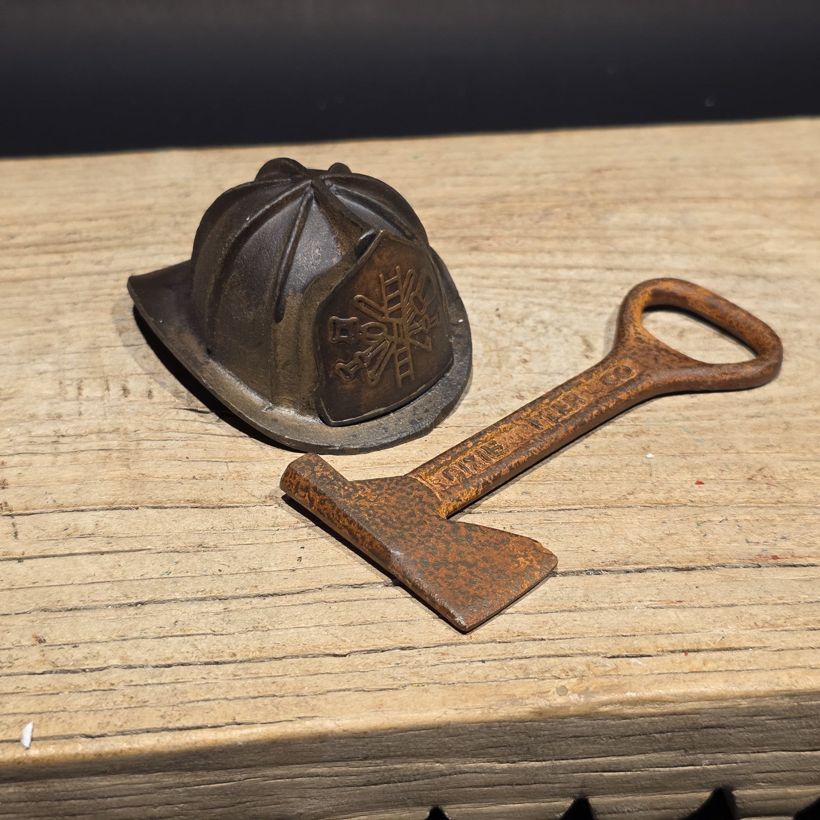 Mini Cast Iron Fireman Helmet, Dixie Beer Fire Axe Bottle Opener Lot