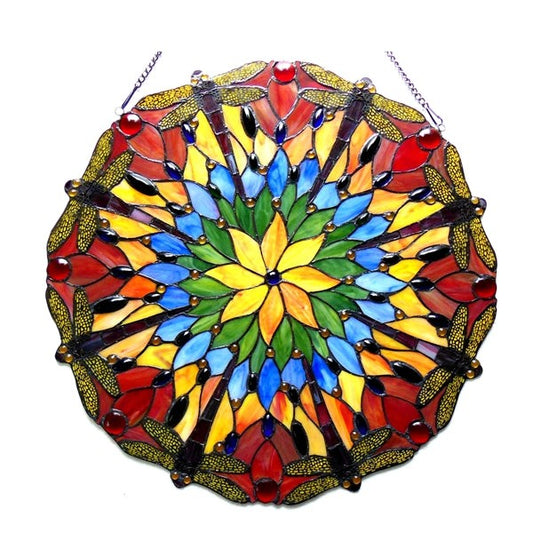 24" Round Stained Glass Dragonfly Window Hanging Panel Suncatcher