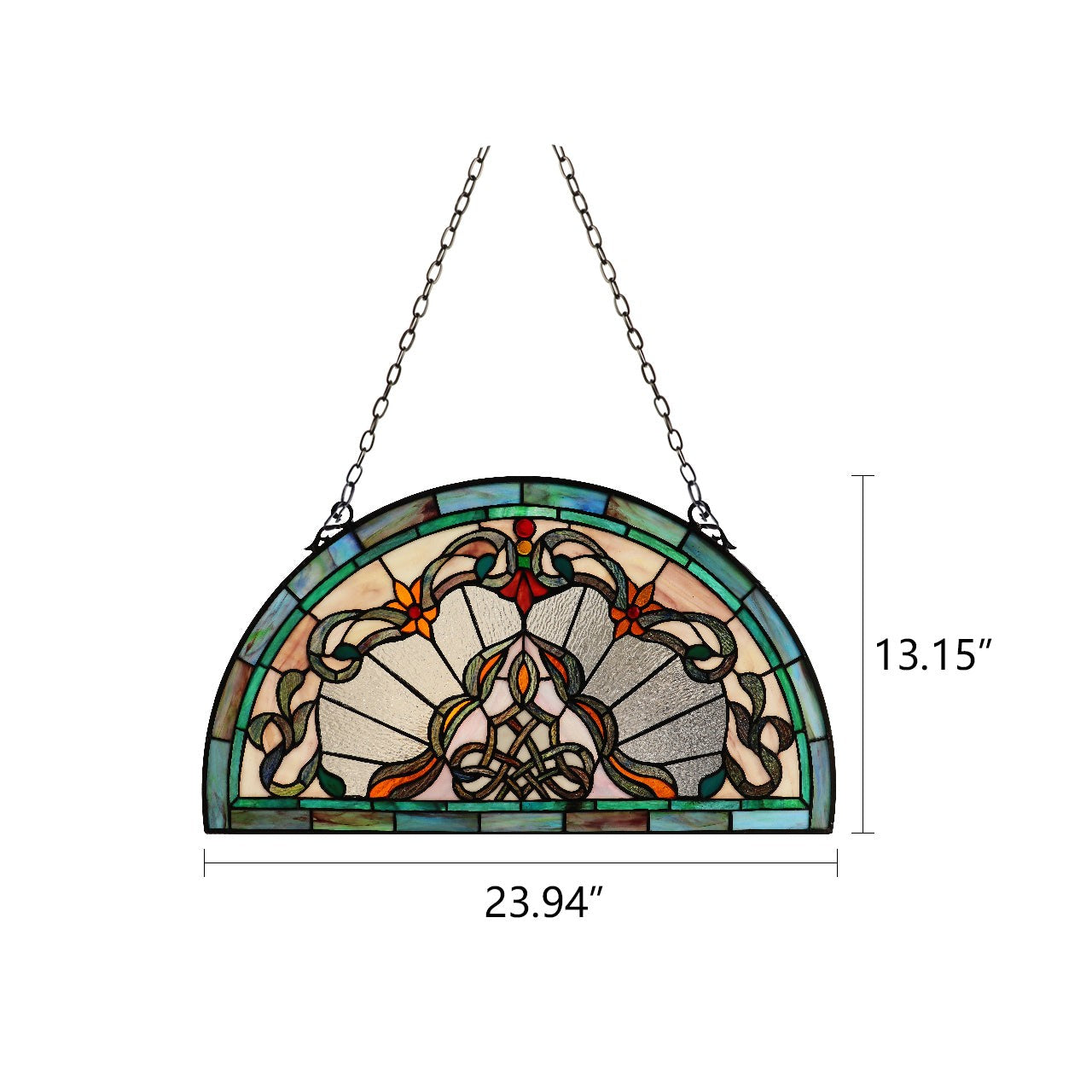24" Tiffany Style Stained Glass Window Panel Victorian Semi Circle