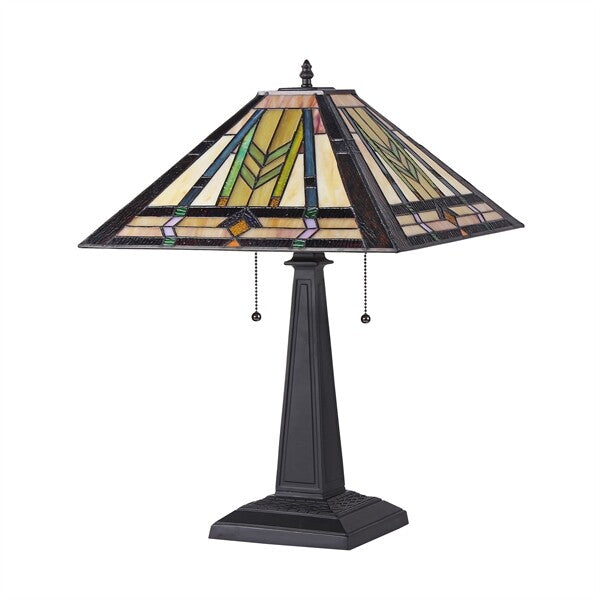 22.5" 2 Light Pull Chain Stained Glass Mission Table Lamp