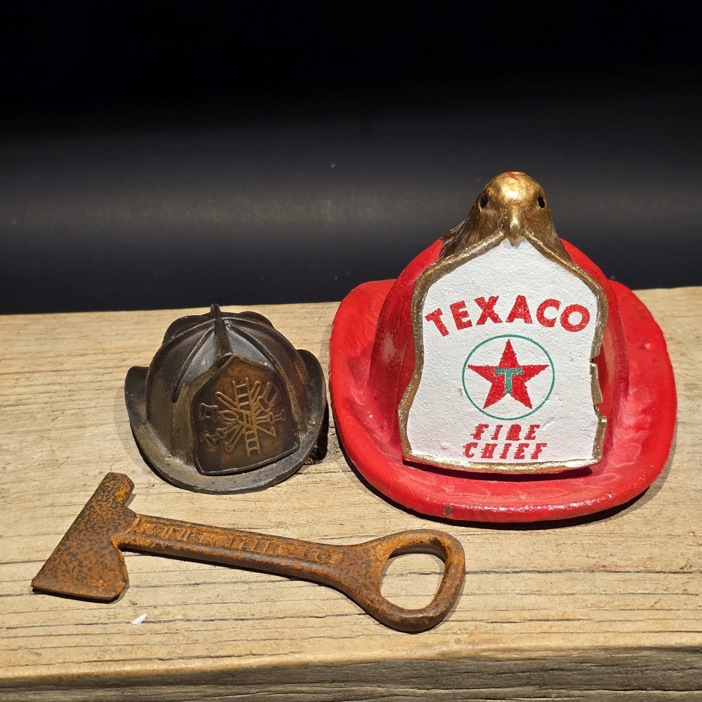 Mini Cast Iron Texaco Fire Chief Helmet Dixie Beer Axe Bottle Opener Lot