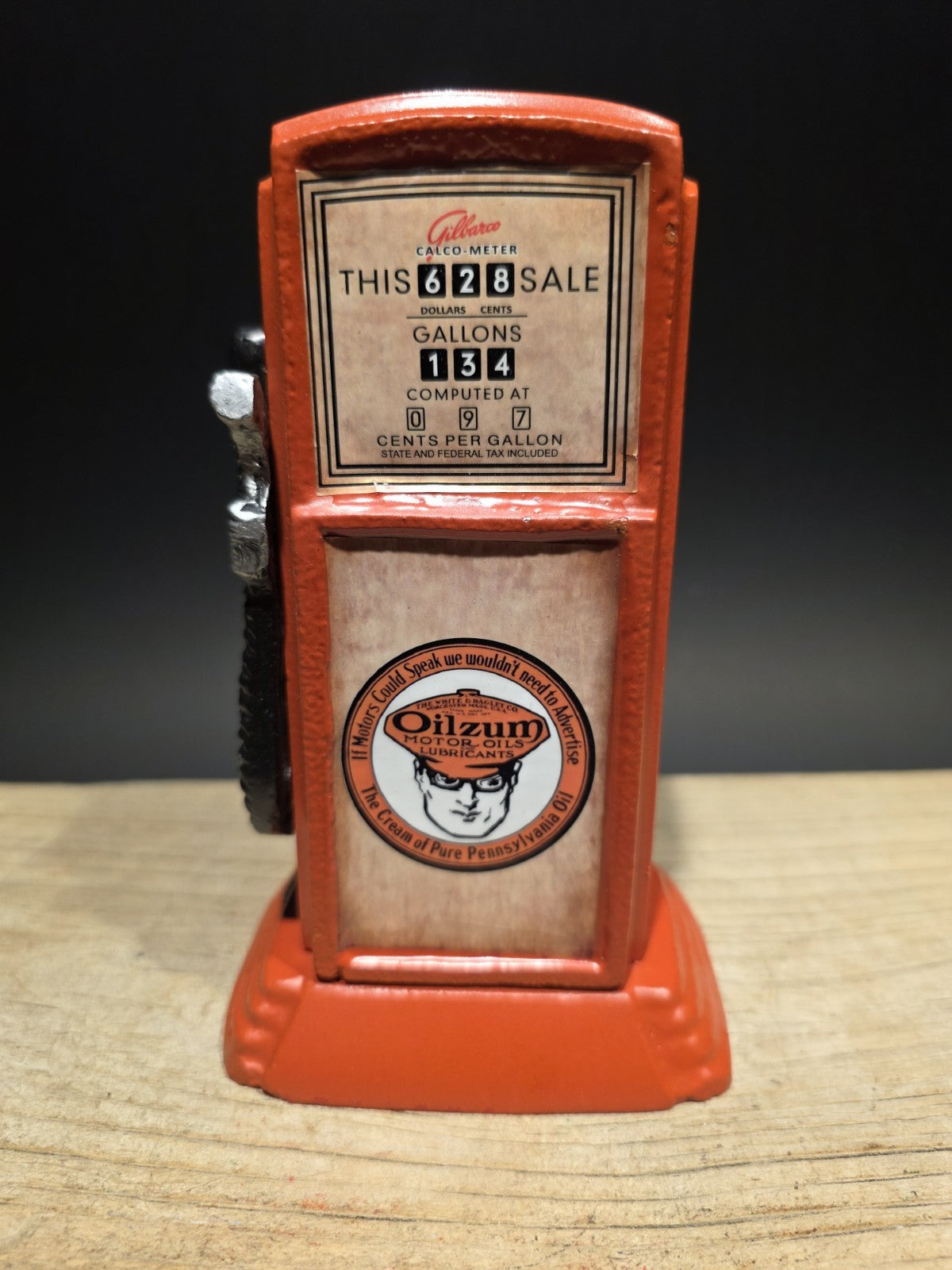 Vintage Style Metal Oilzum Gasoline Orange Mini Gas Pump Coin Bank