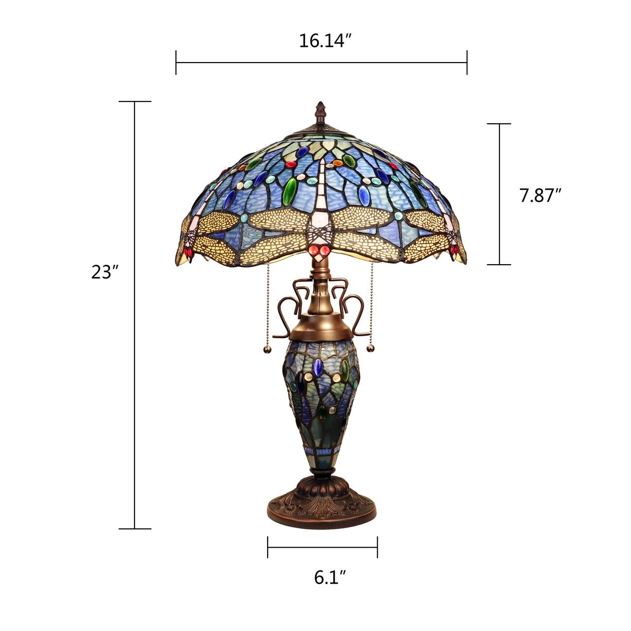 23" Antique Vintage Style Stained Glass Dragonfly Lighted Base Table Lamp