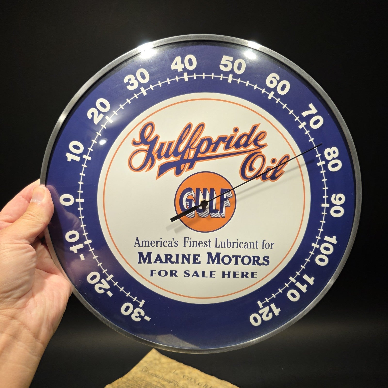 12" Antique Vintage Style Round Gulf Oil Wall Thermometer Sign