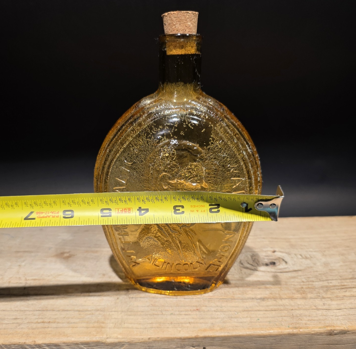 8" Vintage Style Amber Glass Abraham Lincoln Decanter Flask Bottle