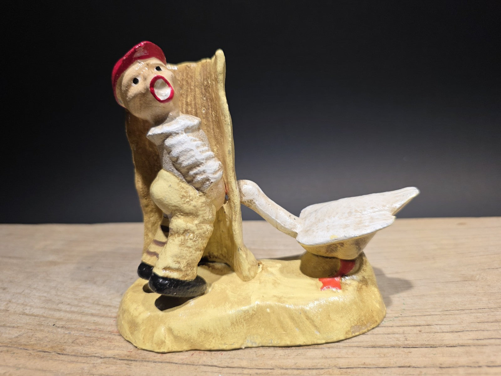 5" Painted Cast Iron Americana Charming Boy Urinating + Goose Figure