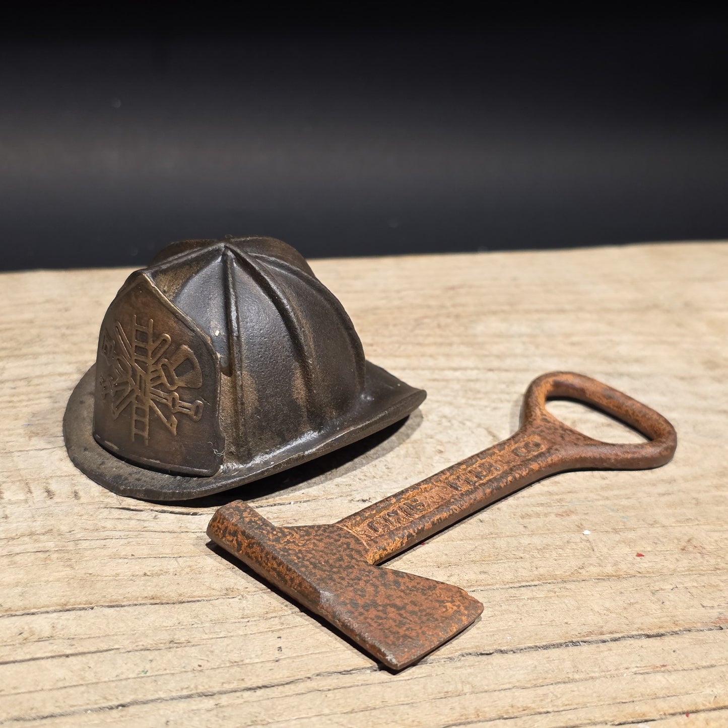 Mini Cast Iron Fireman Helmet, Dixie Beer Fire Axe Bottle Opener Lot