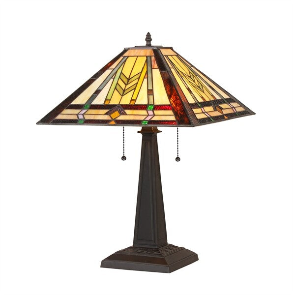22.5" 2 Light Pull Chain Stained Glass Mission Table Lamp