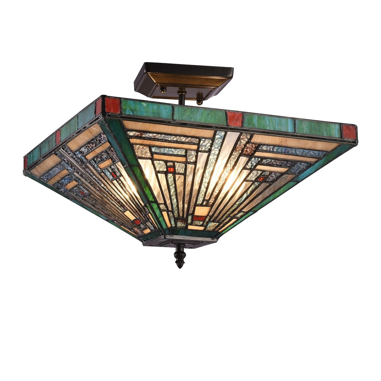 14" Vintage Style Mission Stained Glass Semi Flush Ceiling Uplight