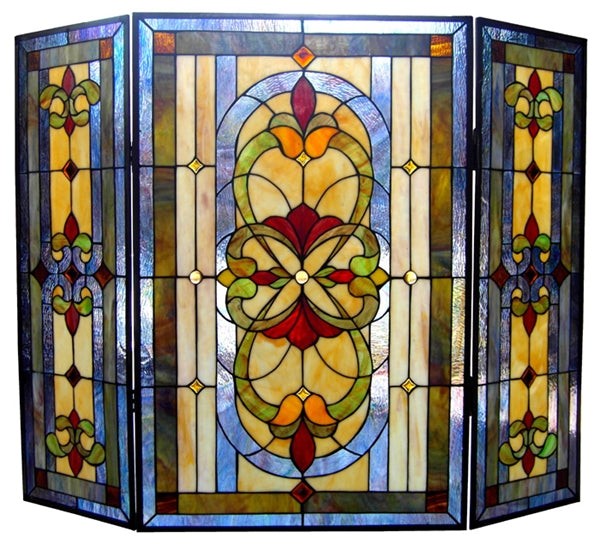 40" Folding Stained Glass Fireplace Screen