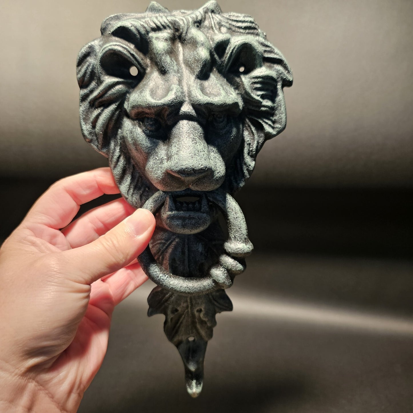 Antique Vintage Style Cast Verdi Green Iron Lion Door Knocker w Hook