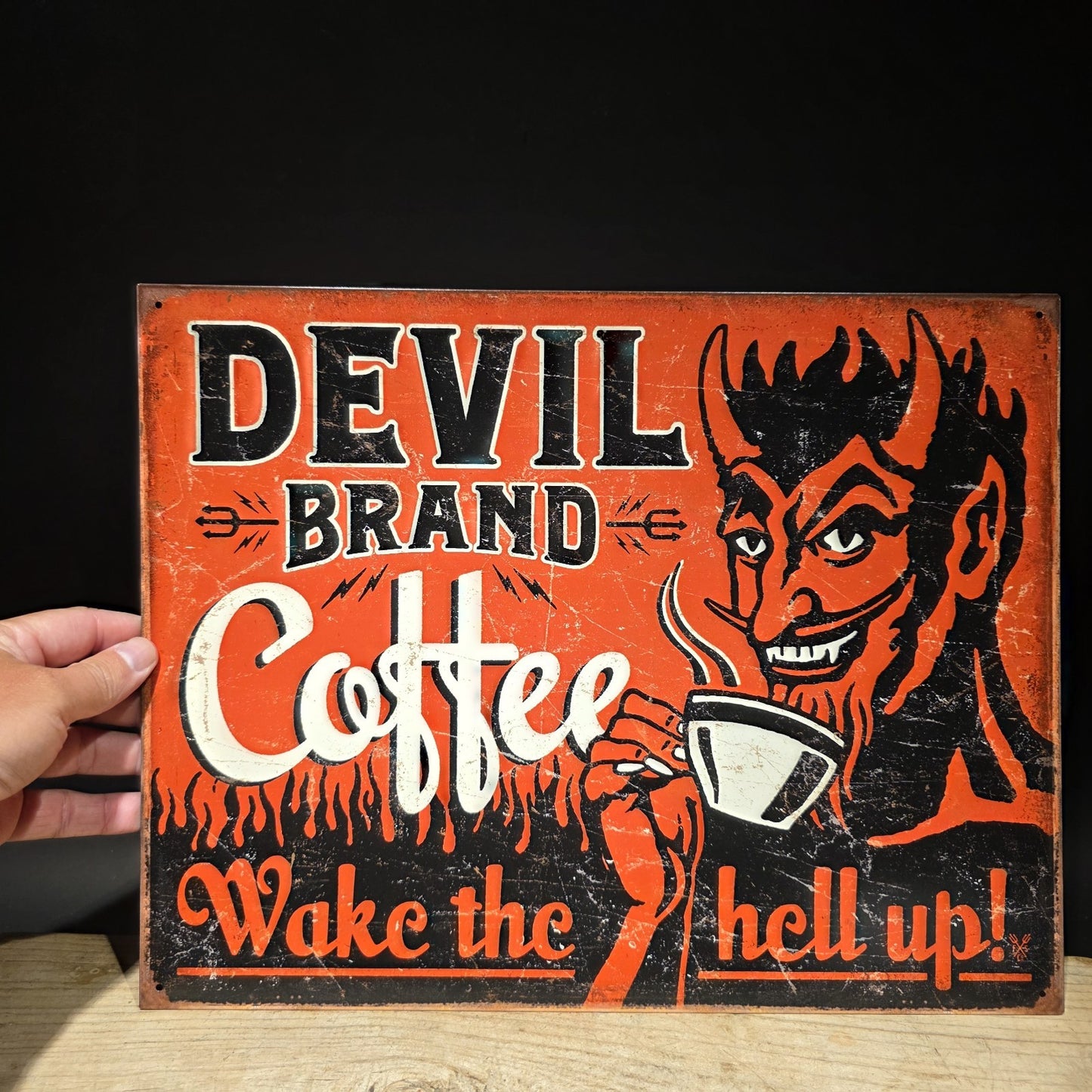 Devil Brand Coffee Tin Sign – Wake the Hell Up 