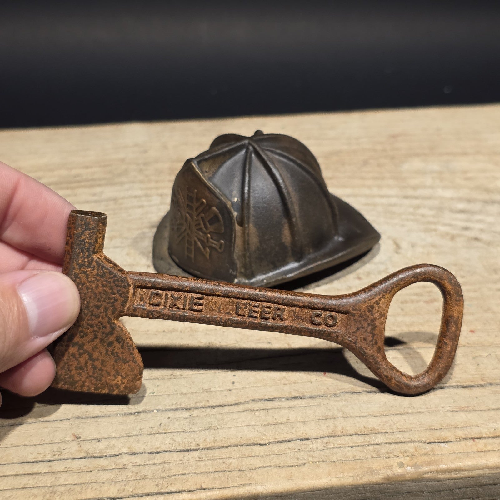 Mini Cast Iron Fireman Helmet, Dixie Beer Fire Axe Bottle Opener Lot