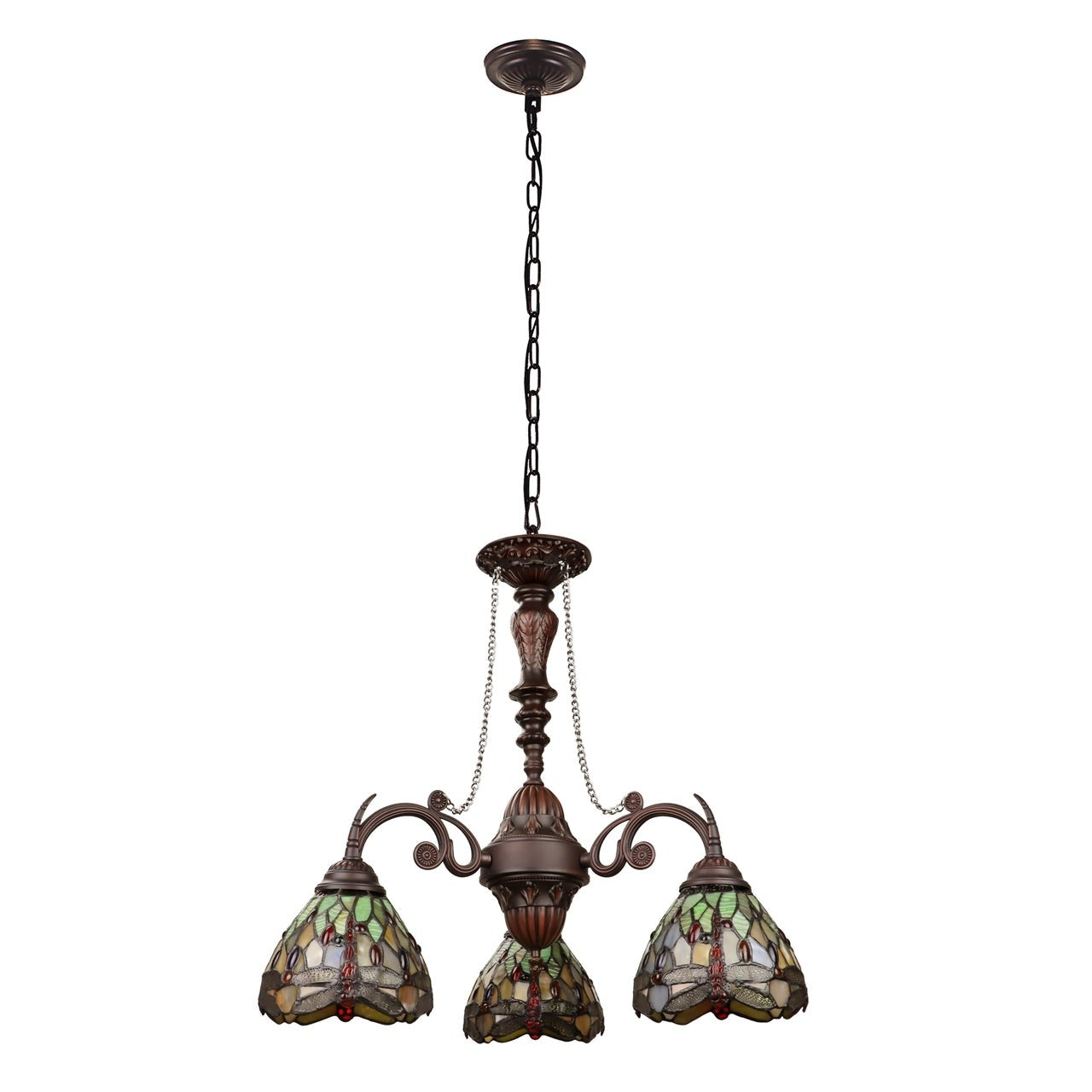 24" 3 Light Stained Glass Dragonfly Hanging Down Light Chandelier