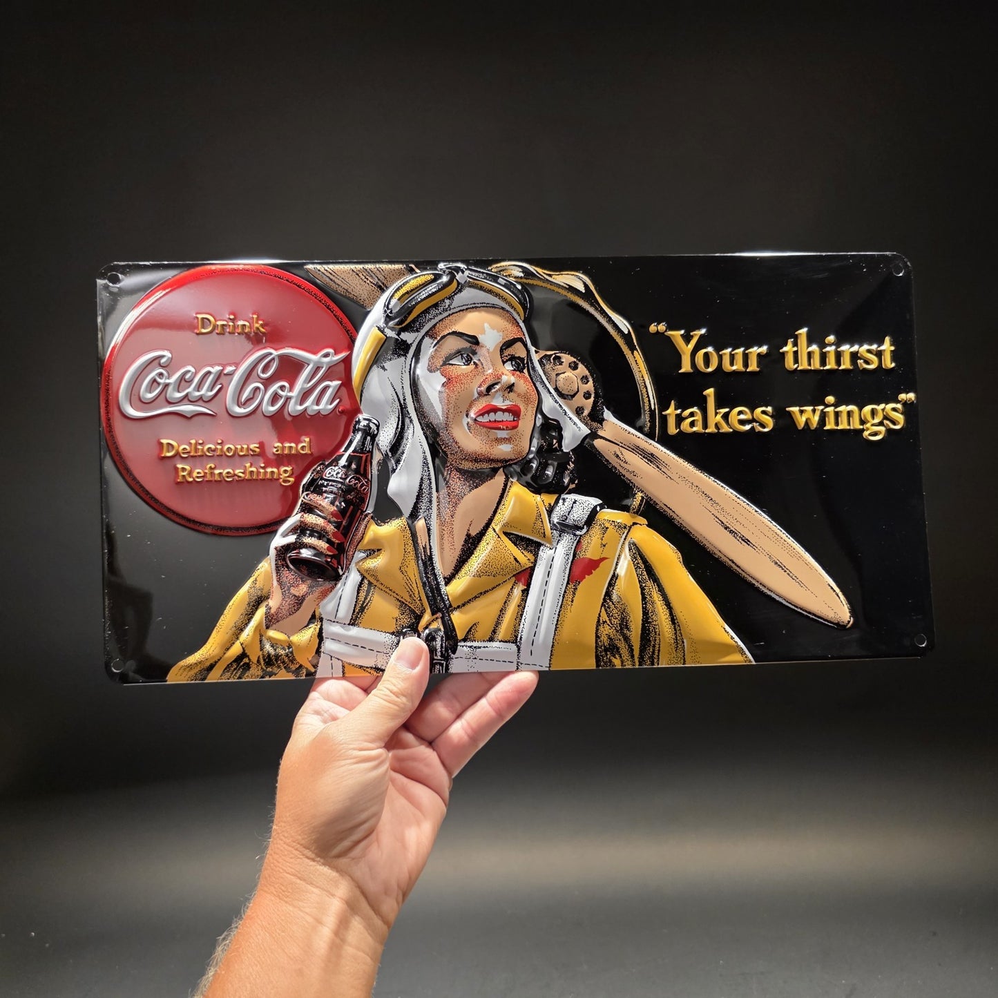 Ande Rooney Signs Coca-Cola Gee Bee Your Thirst Takes Wings Embossed Tin Sign