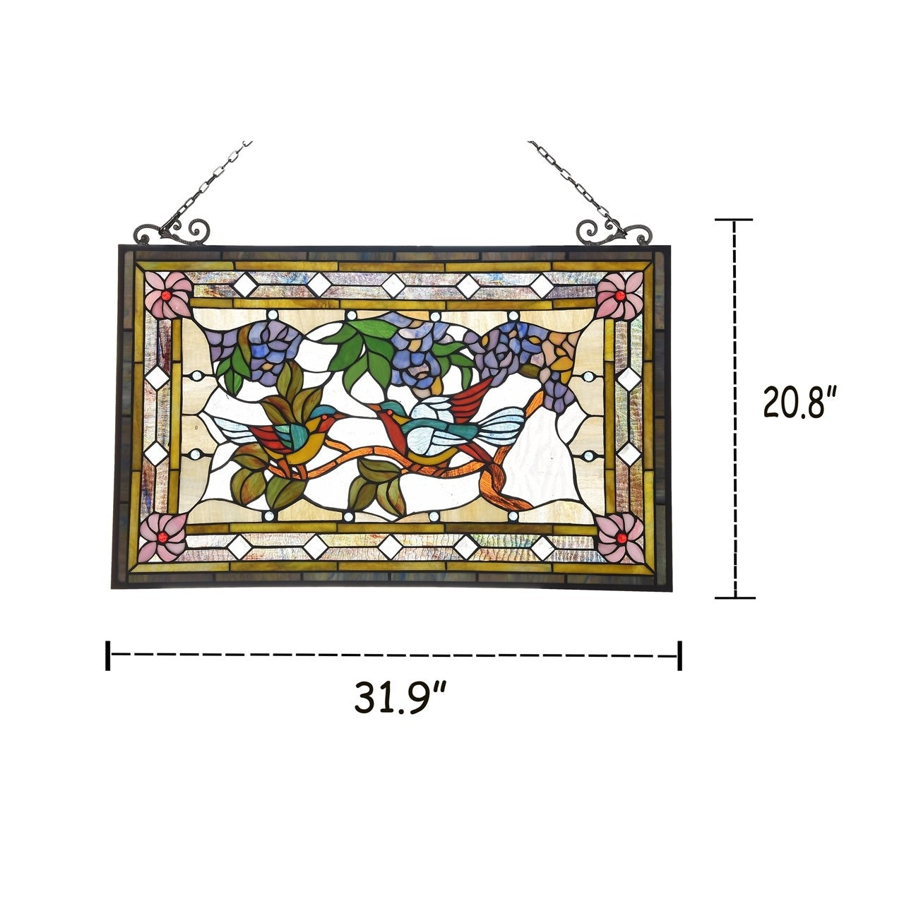 31.9" Tiffany Style Stained Glass Window Panel Birds & Floral Design