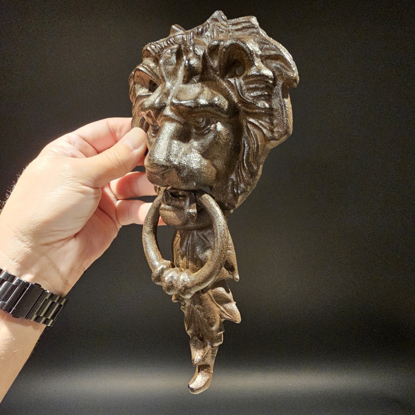 Antique Vintage Style Cast Iron Lion Door Knocker w Hook
