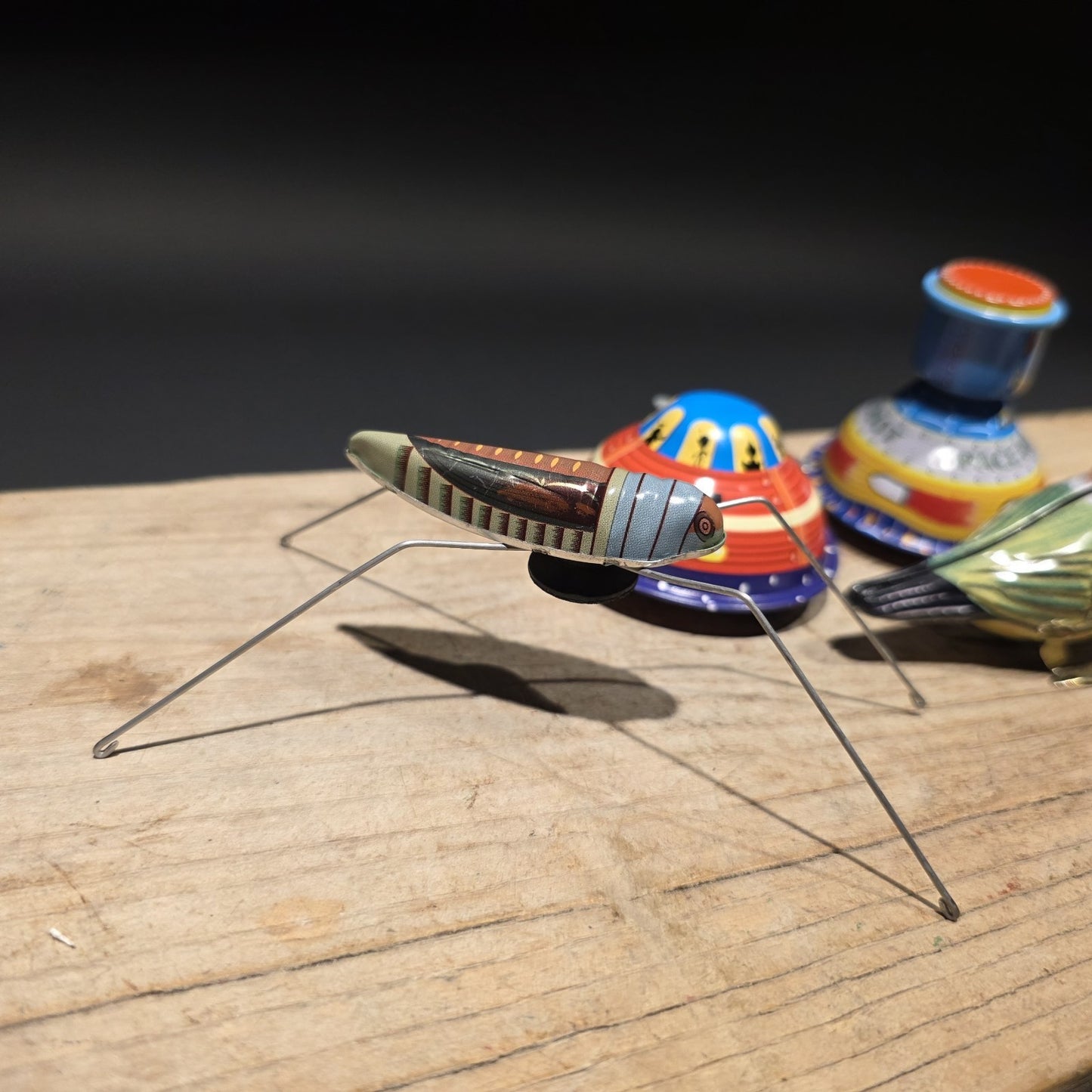 Vintage Tin Litho Wind-Up 5 Toy  Lot – Robot UFO Bird Train Cricket