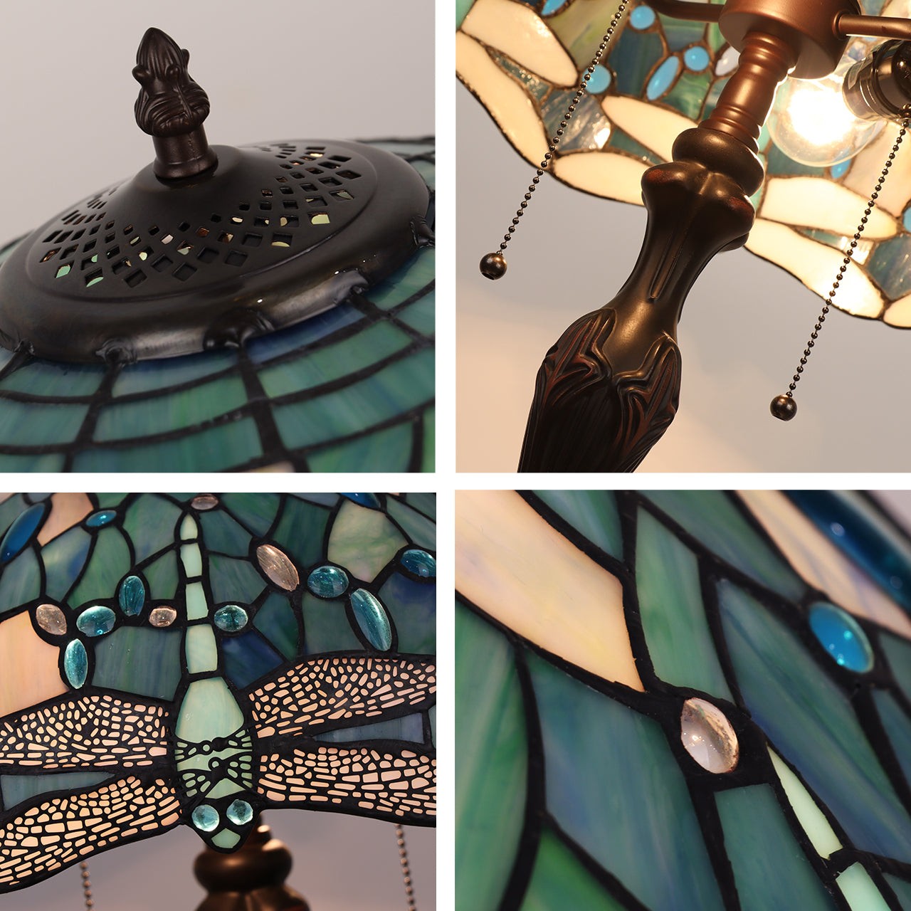 22.24" Antique Vintage Style Stained Glass Dragonfly Lighted Base Table Lamp