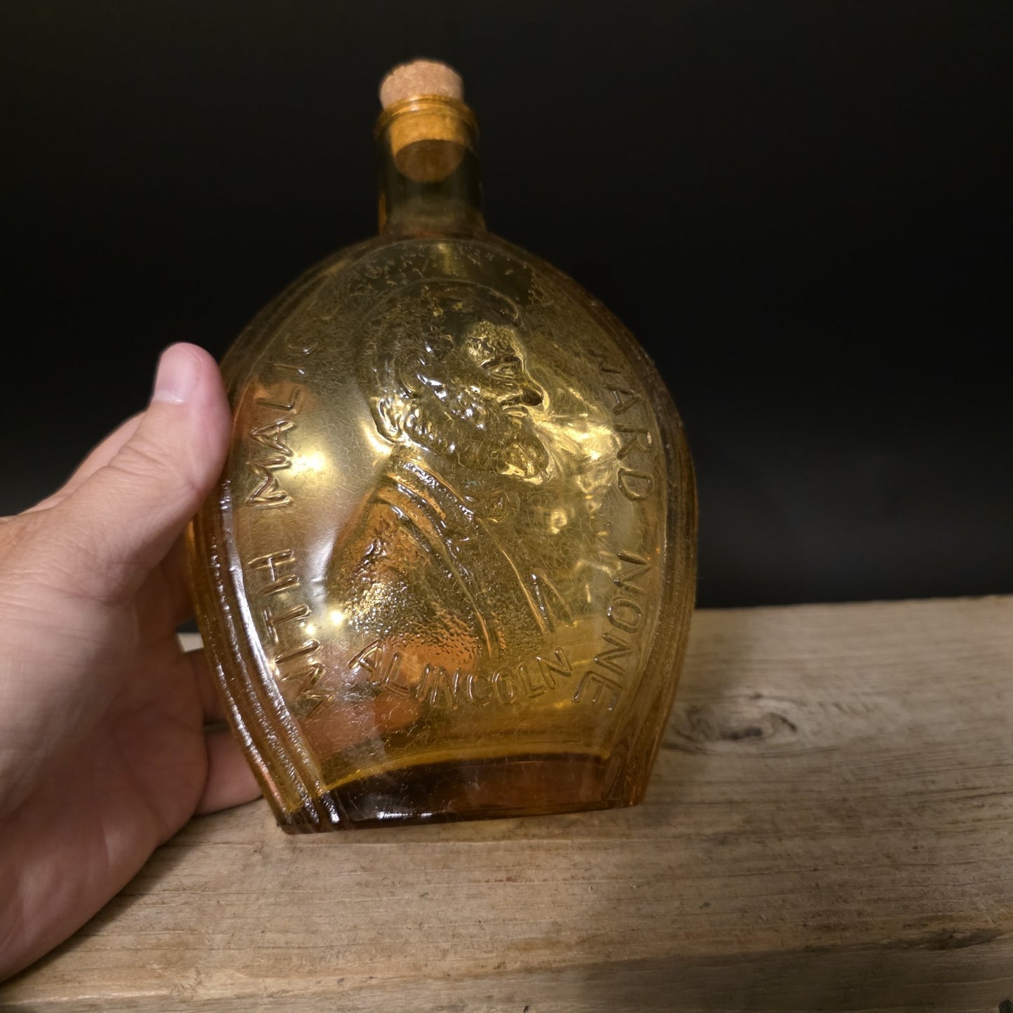 8" Vintage Style Amber Glass Abraham Lincoln Decanter Flask Bottle
