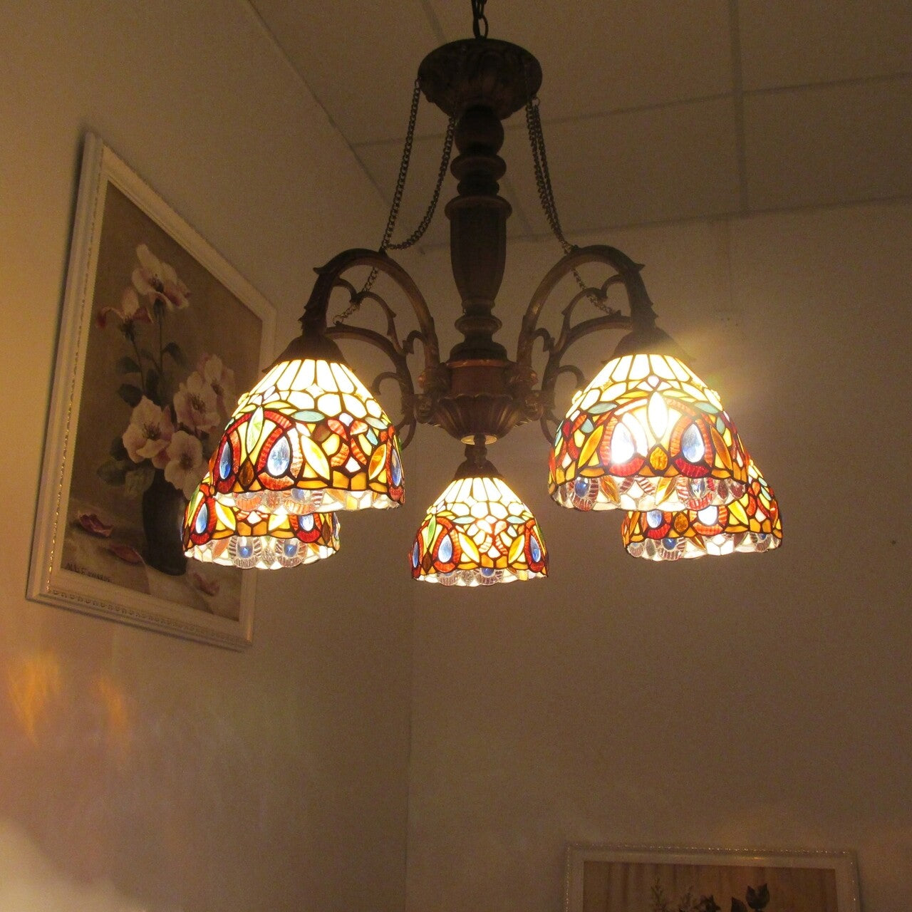 27" 5 Light Stained Glass Hanging Down Light Chandelier