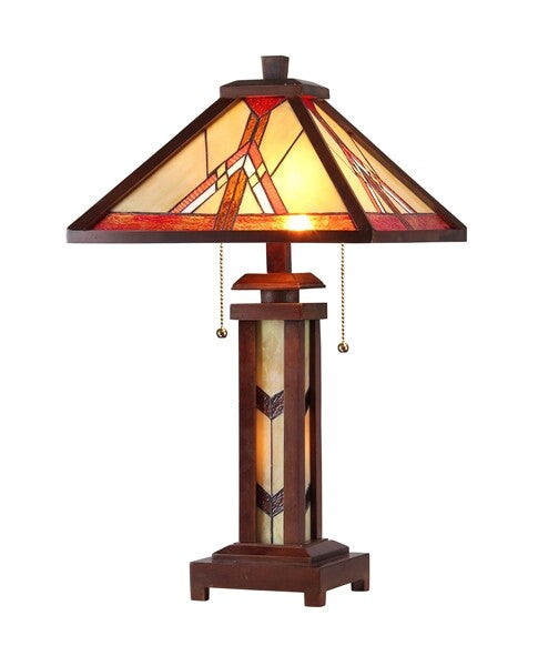 25.6  3 light Antique Vintage Style Stained Glass Wood Mission Table Lamp