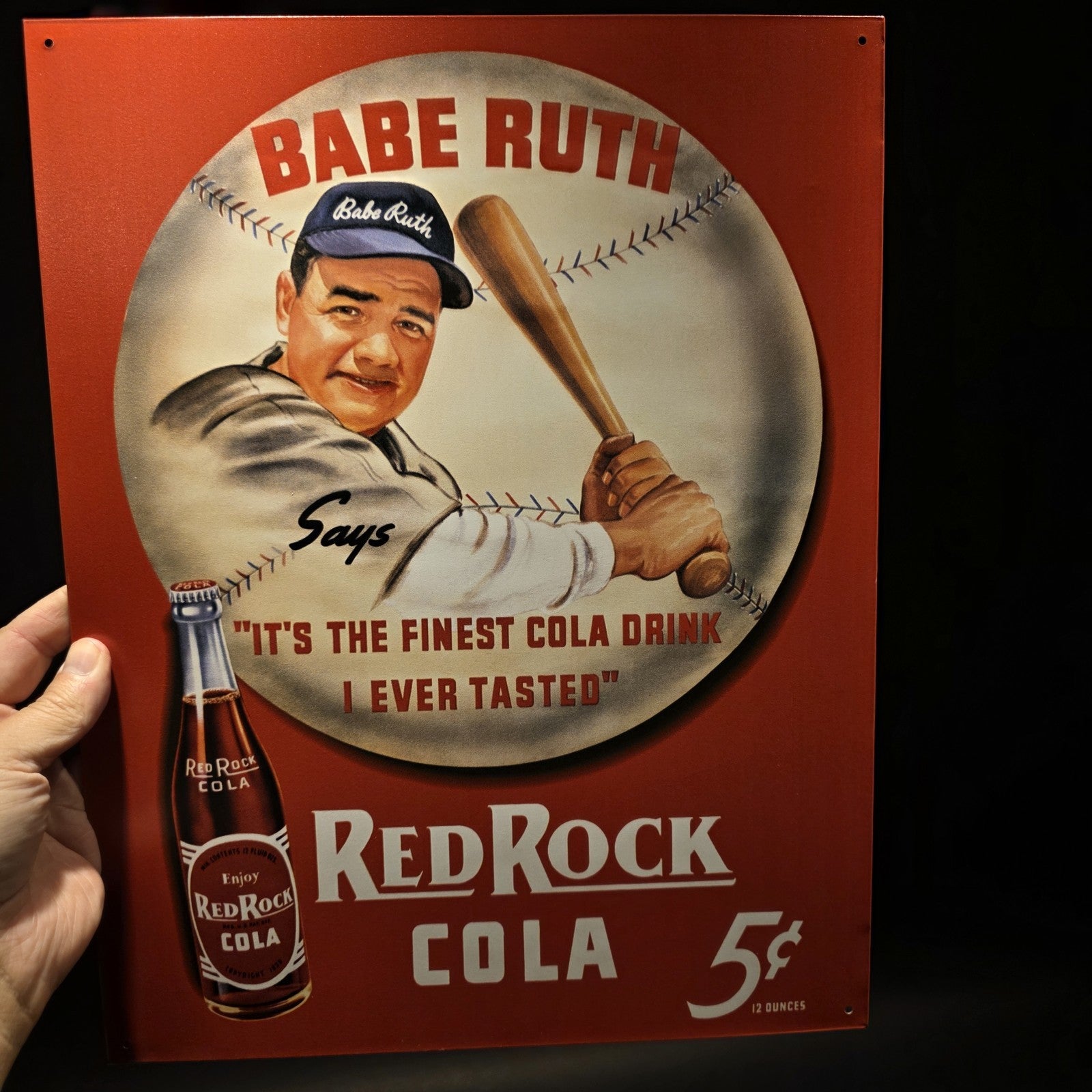16" Vintage Style Babe Ruth Baseball Red Rock Cola Advertising Sign