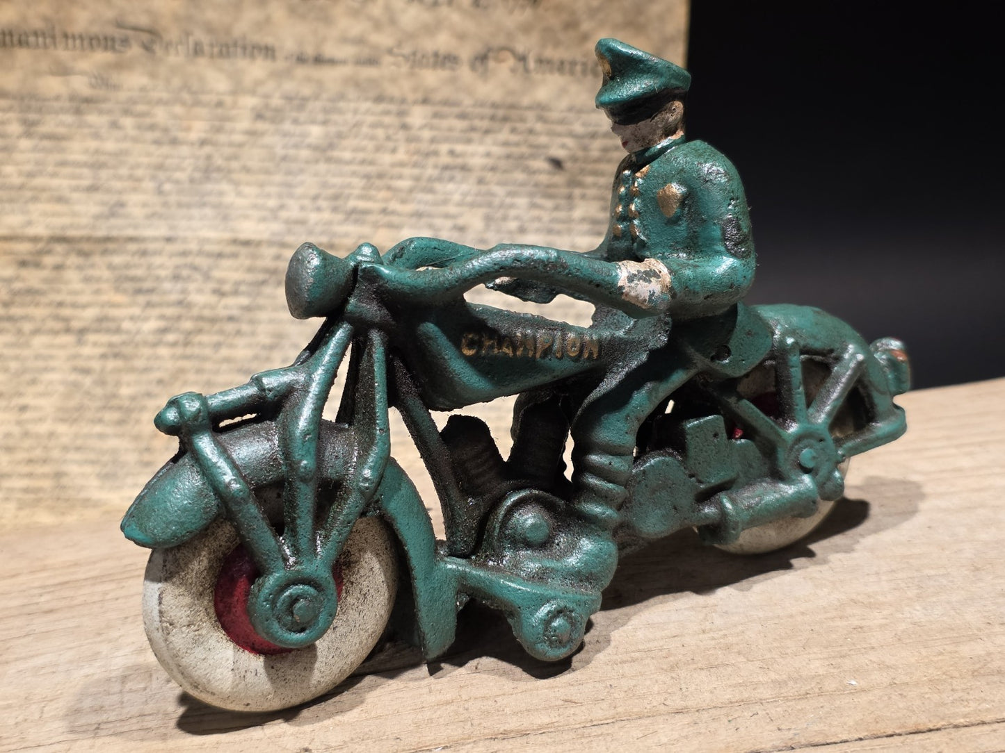 7" Vintage Cast Iron Police Motorcycle Toy Champion Patrol Officer Antique Style