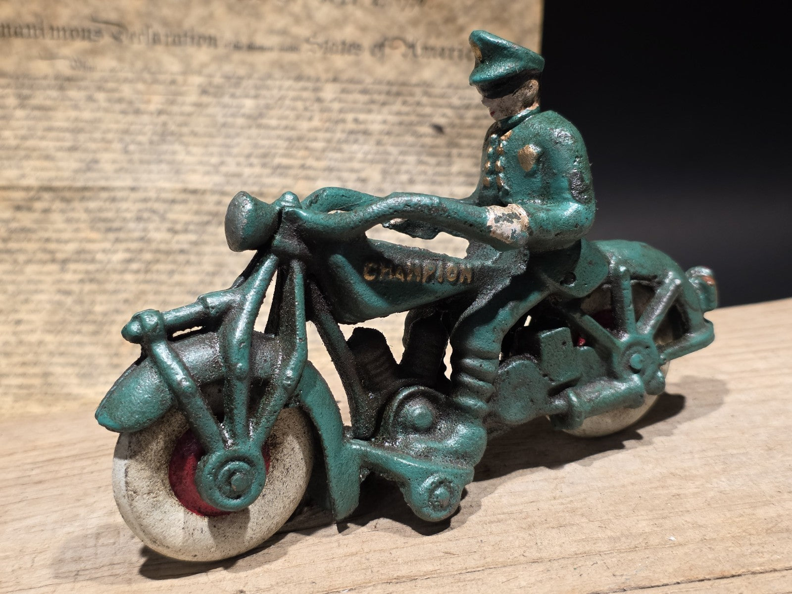 7" Vintage Cast Iron Police Motorcycle Toy Champion Patrol Officer Antique Style