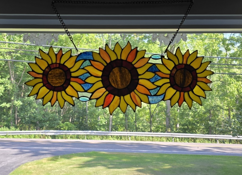 22" Stained Glass Sunflower Window Panel – 3 Flower Suncatcher