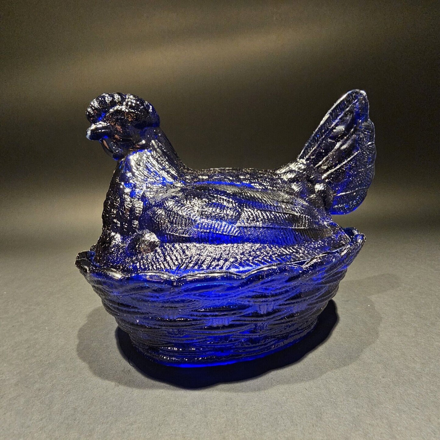 Antique Vintage Style Cobalt Blue Depression Glass Chicken Hen On Nest Dish