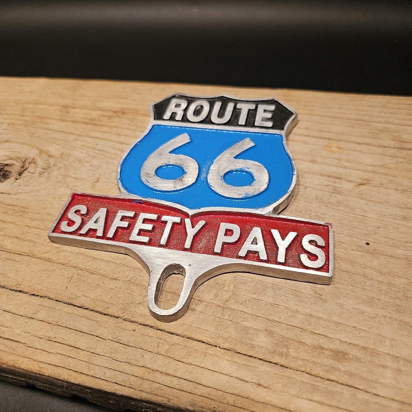 Antique Vintage Style Aluminum Route 66 Safety License Plate Fob Topper